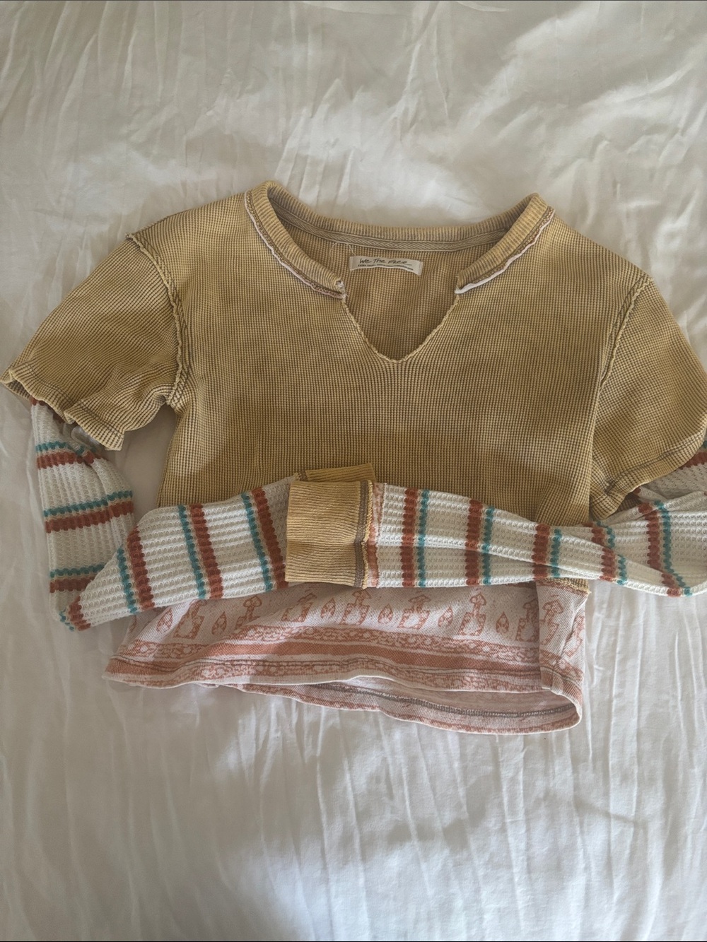 We The Free Mustard Layered V-Notch Pullover with Striped Sleeves - Picture 1 of 4